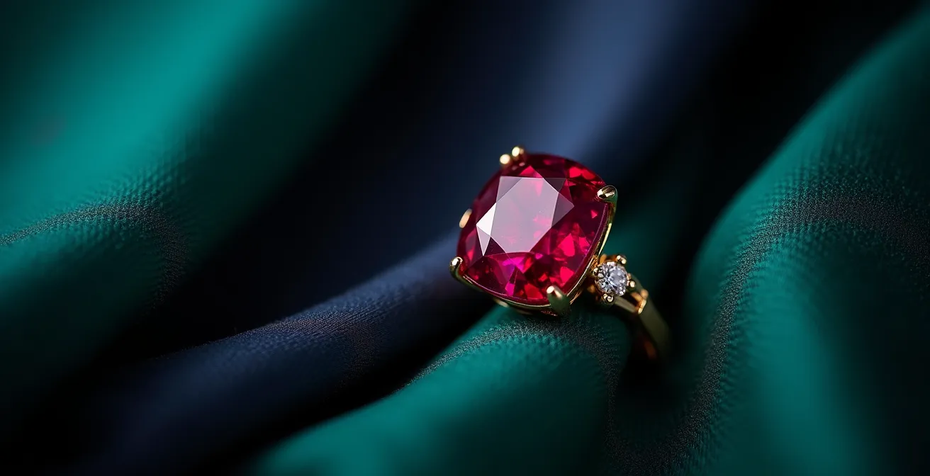 Détail macro d'un rubis sur différentes textures de tissus luxueux