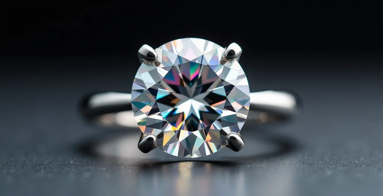 Vue macro d'un serti 4 griffes sur diamant montrant la réflexion de la lumière