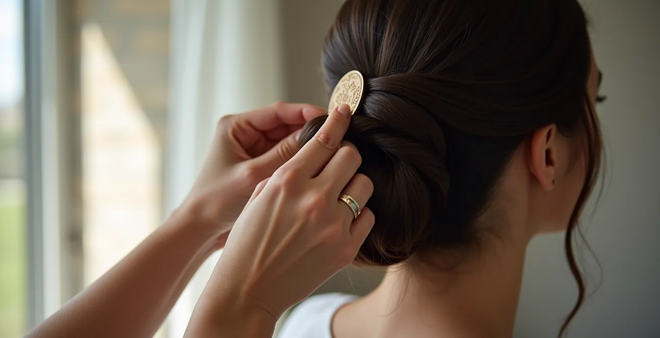 Mains expertes positionnant un pic à cheveux dans un chignon torsadé