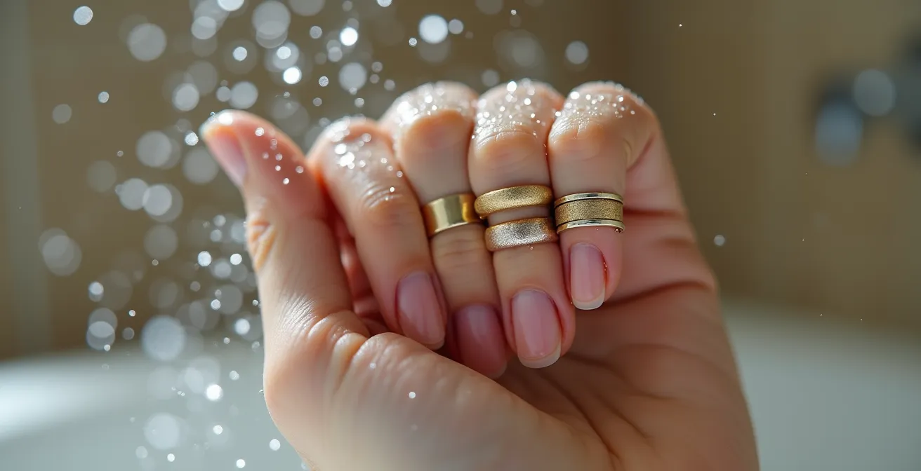 Gros plan sur une main montrant la technique de pincement de l'articulation pour maintenir les bagues de phalange