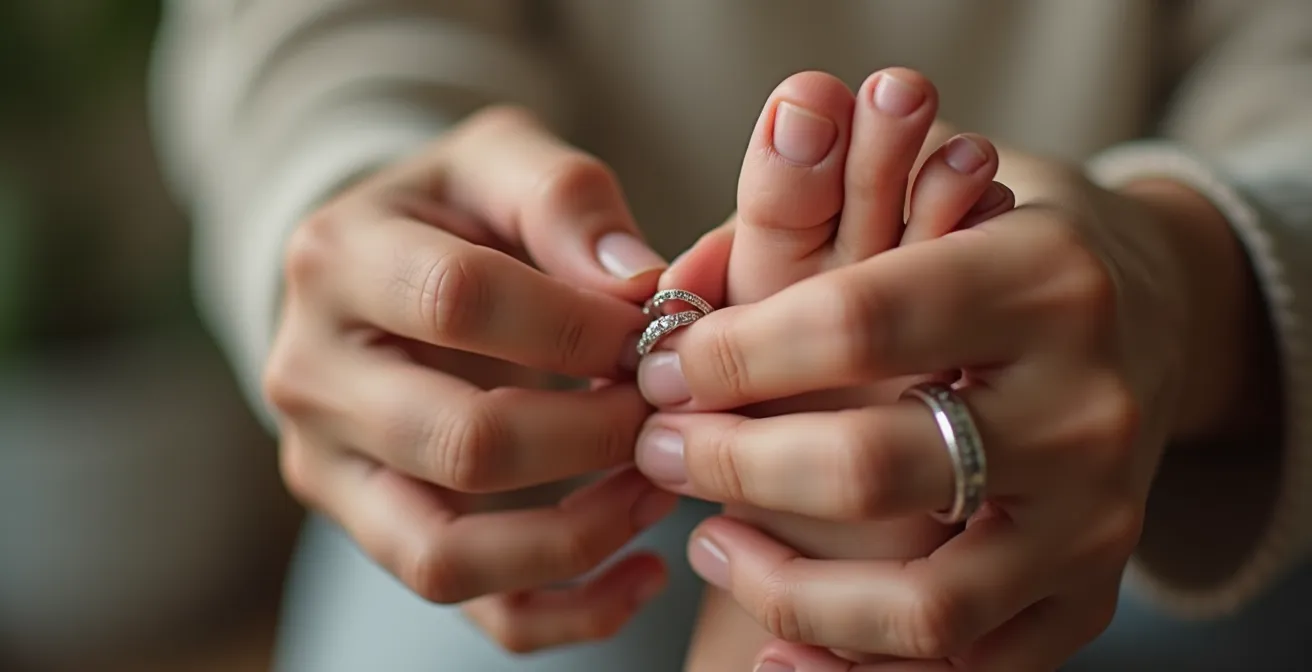 Mains ajustant délicatement une bague d'orteil argentée sur un pied, mise au point sur le geste
