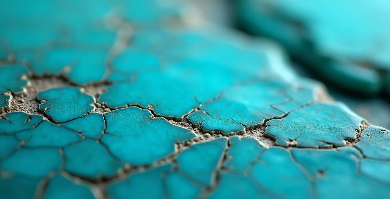 Vue macro d'une vraie turquoise montrant ses veines naturelles et sa texture caractéristique
