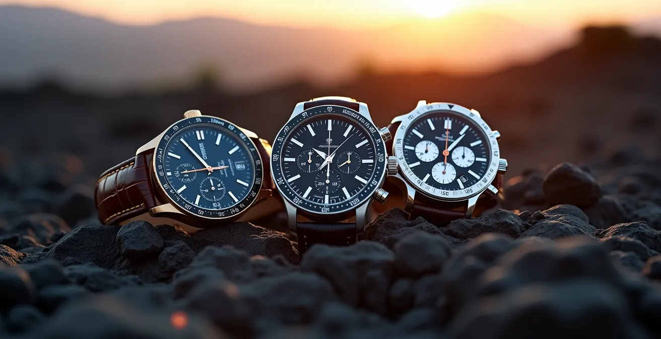 Composition artistique de trois chronographes légendaires