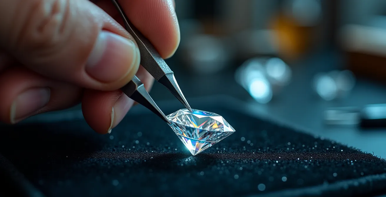 Main d'un expert utilisant une loupe de gemmologue pour examiner le numéro d'inscription laser sur le rondiste d'un diamant.